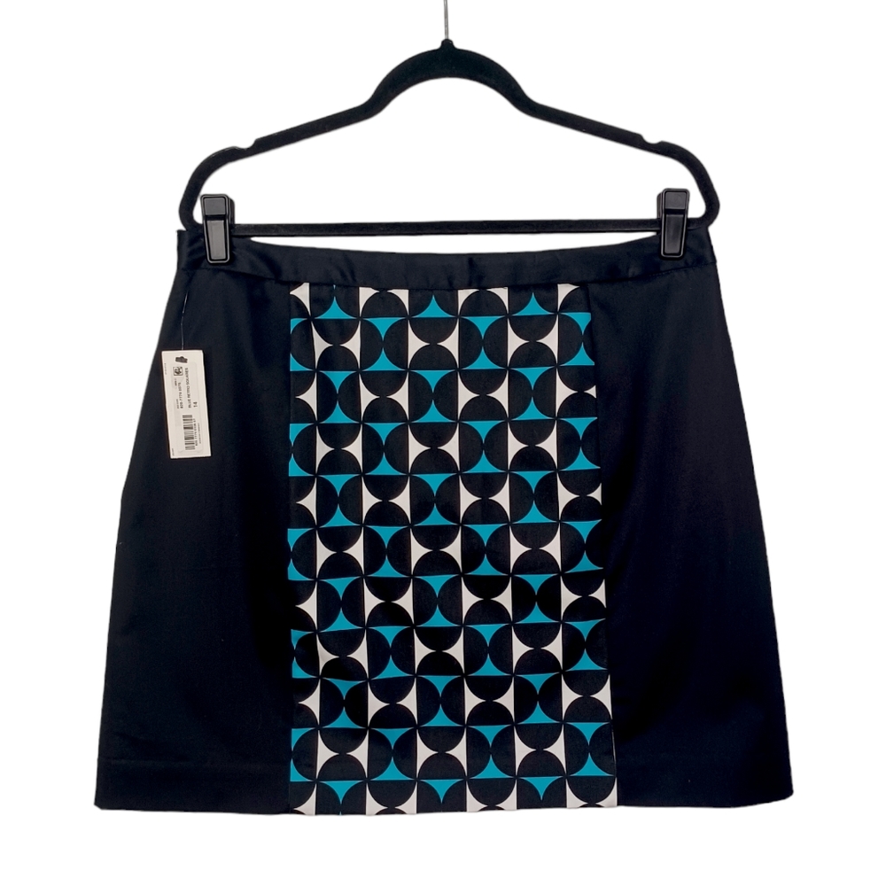 WORTHINGTON Blue White Retro Square Print Mini A-Line Black Skirt 14 NWT